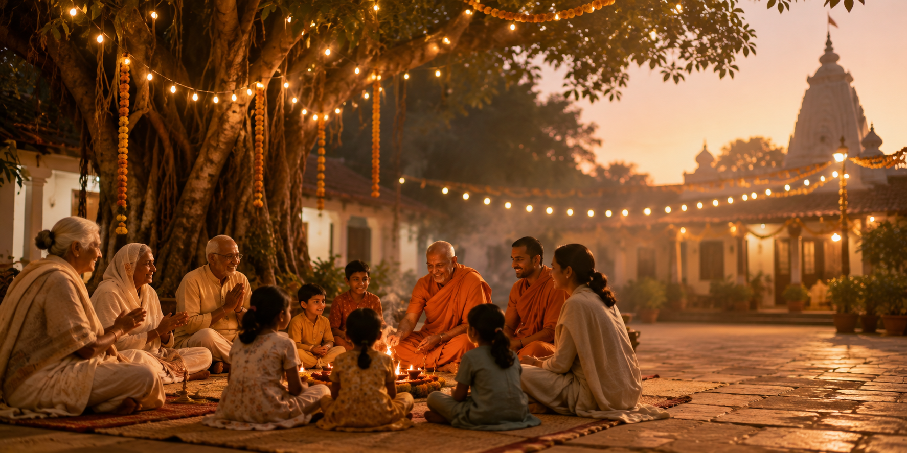 Community gathering for an evening observance at the ashram